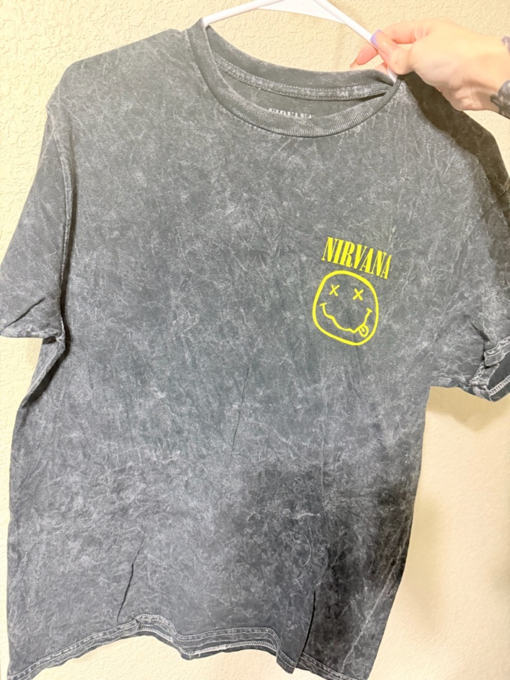NIRVANA Black Mineral-Wash Tee with Yellow Smiley Logo